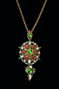 gold Holbeinesque emerald, enamel and multi-gem set pendant, c1870, £8,850 from T Robert